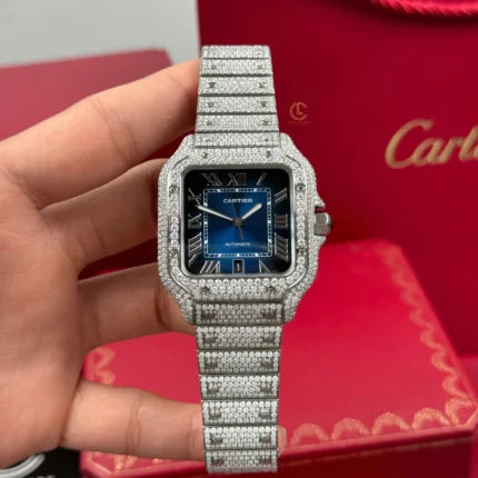 Cartier Santos De Cartier 39.8mm Blue Dial Full Moissanite HongKong – Customize Diamod